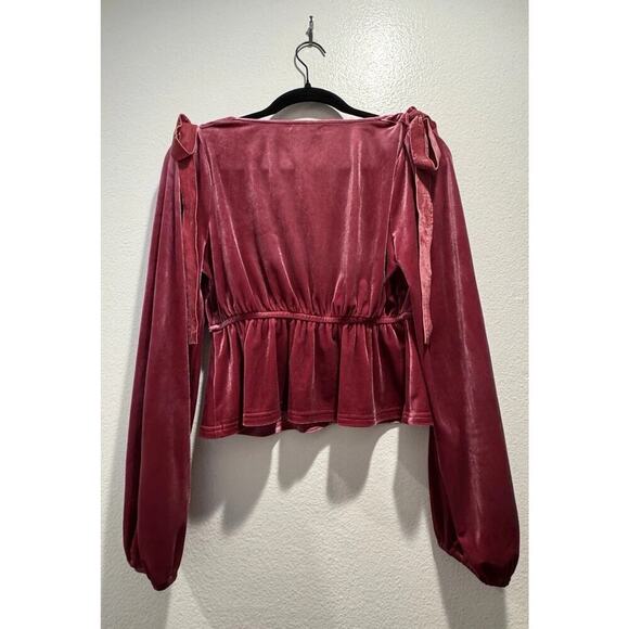Baevely Pink Velvet Long Sleeve Button Front Top Shoulder Bow Coquette Blouse - Picture 2 of 7